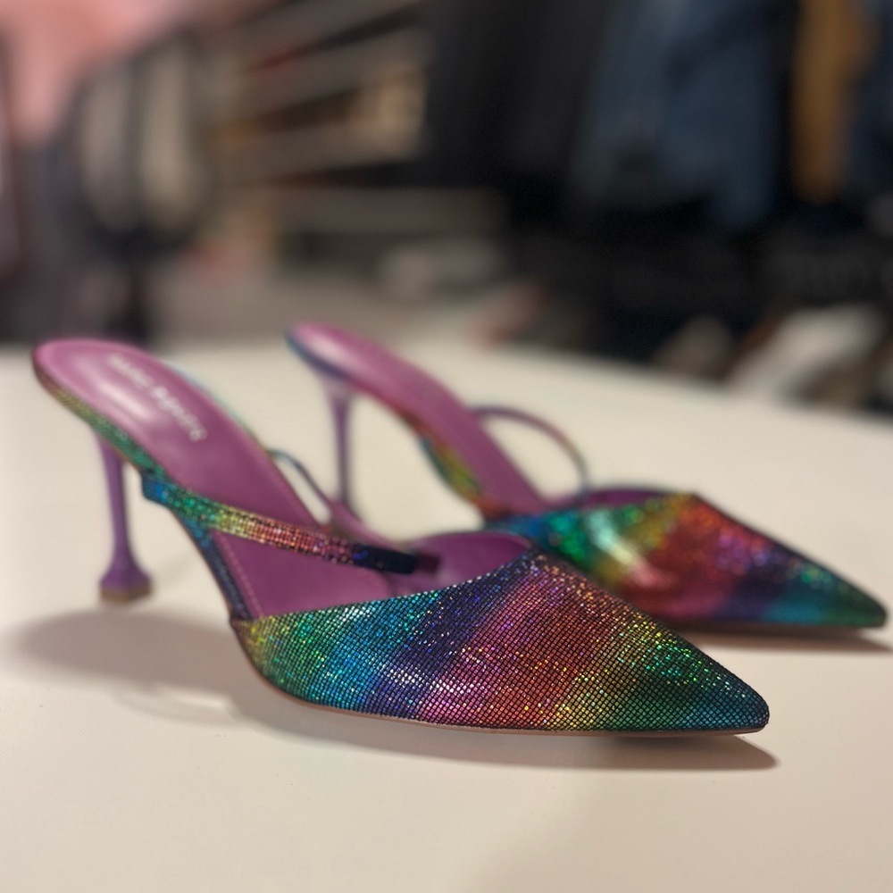 Marc Fisher Heeled Mules Sandals Pointed Toe Metallic Rainbow Colors 9.5M Hadais